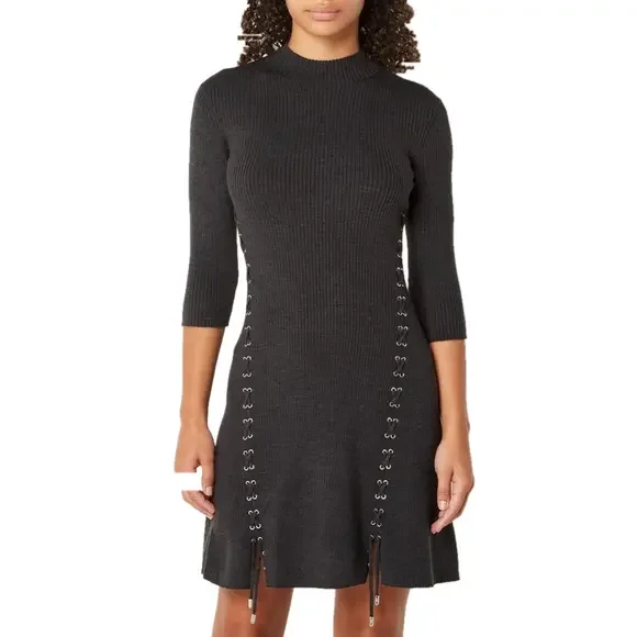 Maje Ribbed Knit Midi Dress Grey Acrylic Lace Eyelet Detail Three Quarter  Sleeve